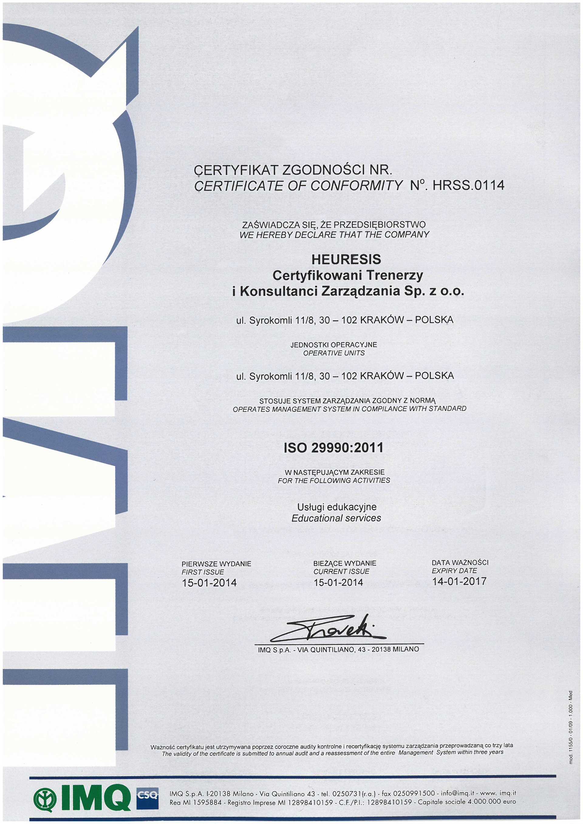 Certyfikat ISO 29990:2011 dla Heuresis