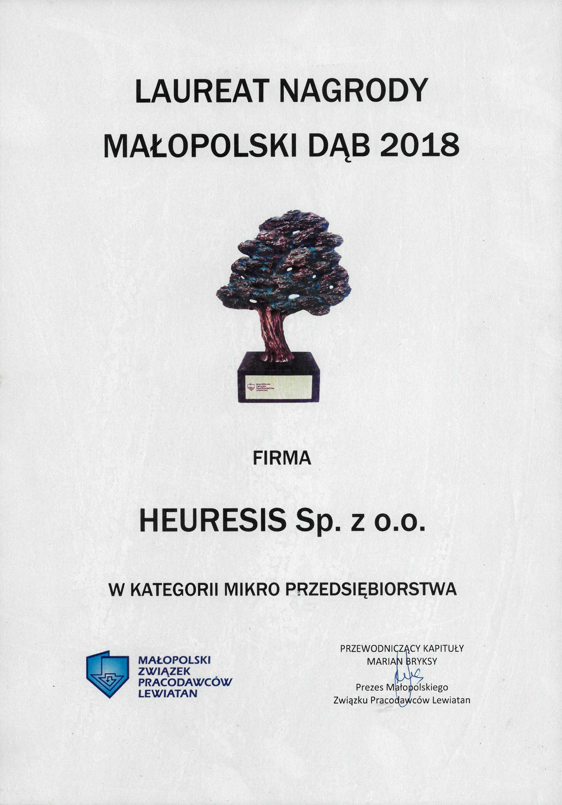 Dyplom laureata nagrody Małopolski Dąb 2018 dla Heuresis w kategorii mikro przedsiębiorstwa
